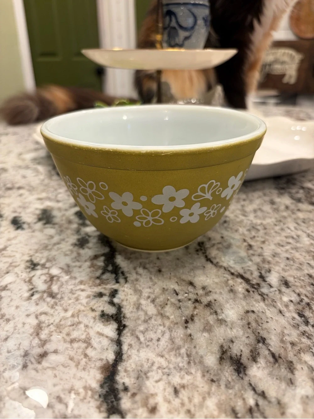 Vintage Pyrex Olive Green Floral Ceramic Bowl